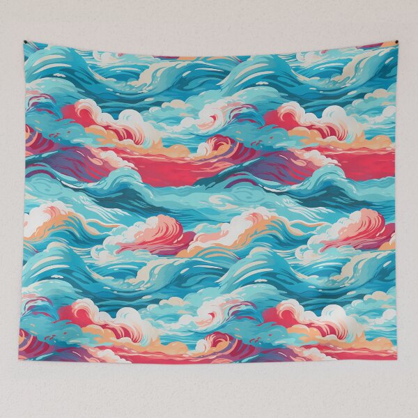 Item preview, Water Pattern 2, vibrant colorful waves billowing like clouds, a coming storm, blue, red, orange, white, ocean and nature. designed and sold by FoxRobinRabbit.
