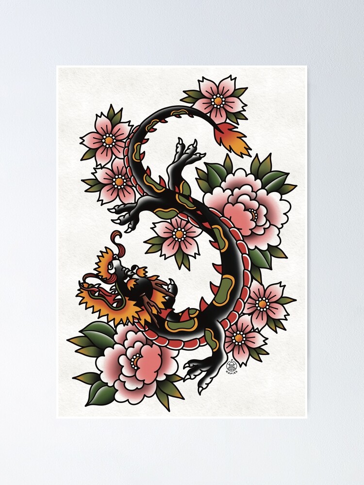 Dragon Tattoo Design with Floral Elements