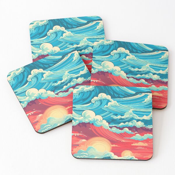 Item preview, Water Pattern 5, vibrant pop art colorful waves billowing like clouds at sunset, end of days, blue, red, orange, white, ocean, sky, and nature. Comic book style. designed and sold by FoxRobinRabbit.