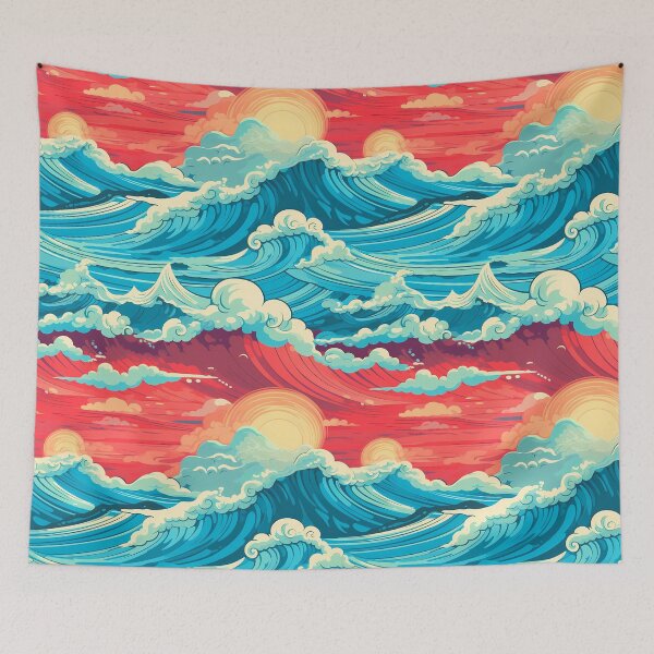 Item preview, Water Pattern 5, vibrant pop art colorful waves billowing like clouds at sunset, end of days, blue, red, orange, white, ocean, sky, and nature. Comic book style. designed and sold by FoxRobinRabbit.