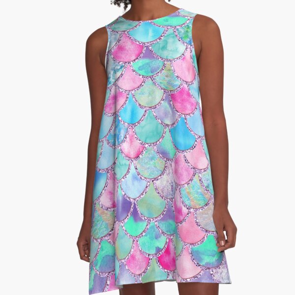 Pink and Blue Watercolor Faux Glitter Mermaid Scales A-Line Dress