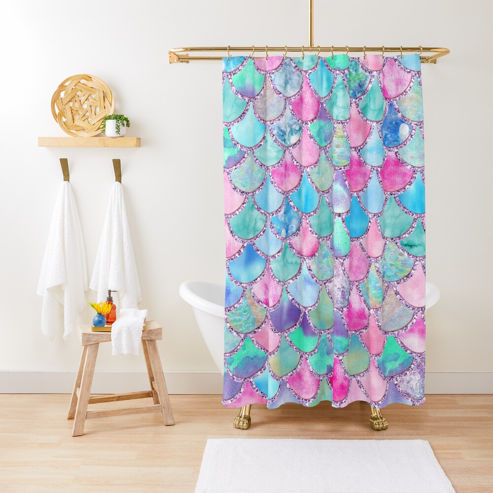 Pink and Blue Watercolor Faux Glitter Mermaid Scales Shower Curtain