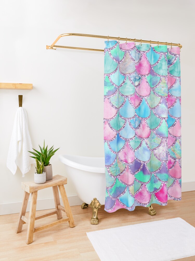 Alternate view of Pink and Blue Watercolor Faux Glitter Mermaid Scales Shower Curtain