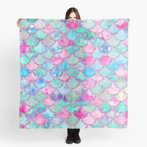 Pink and Blue Watercolor Faux Glitter Mermaid Scales Scarf