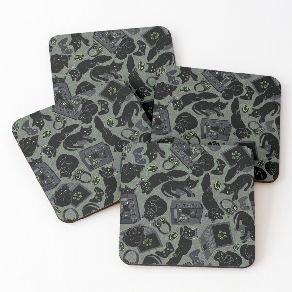 Item preview, Black Gamer Cats Seamless Pattern - neon green & gray motherboard Pattern designed and sold by EcoElsa.
