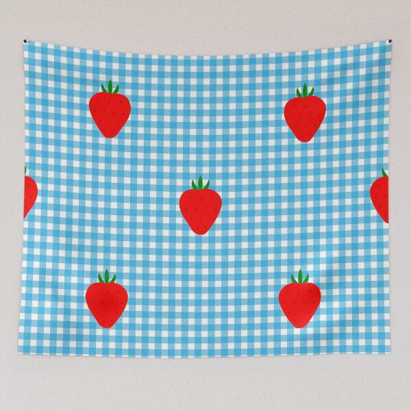 Item preview, cottagecore strawberry blue gingham designed and sold by Gossip Rag.