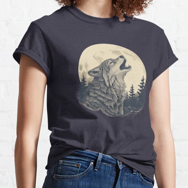 Gray wolf howling against the backdrop of the full moon Classic T-Shirt