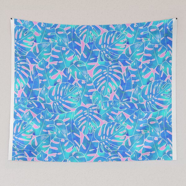 Item preview, Blue watercolor monstera on pink background pattern designed and sold by MartaOlgaKlara.
