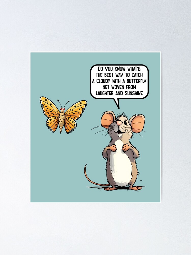 A whimsical cartoon mouse speaks to a butterfly about catching