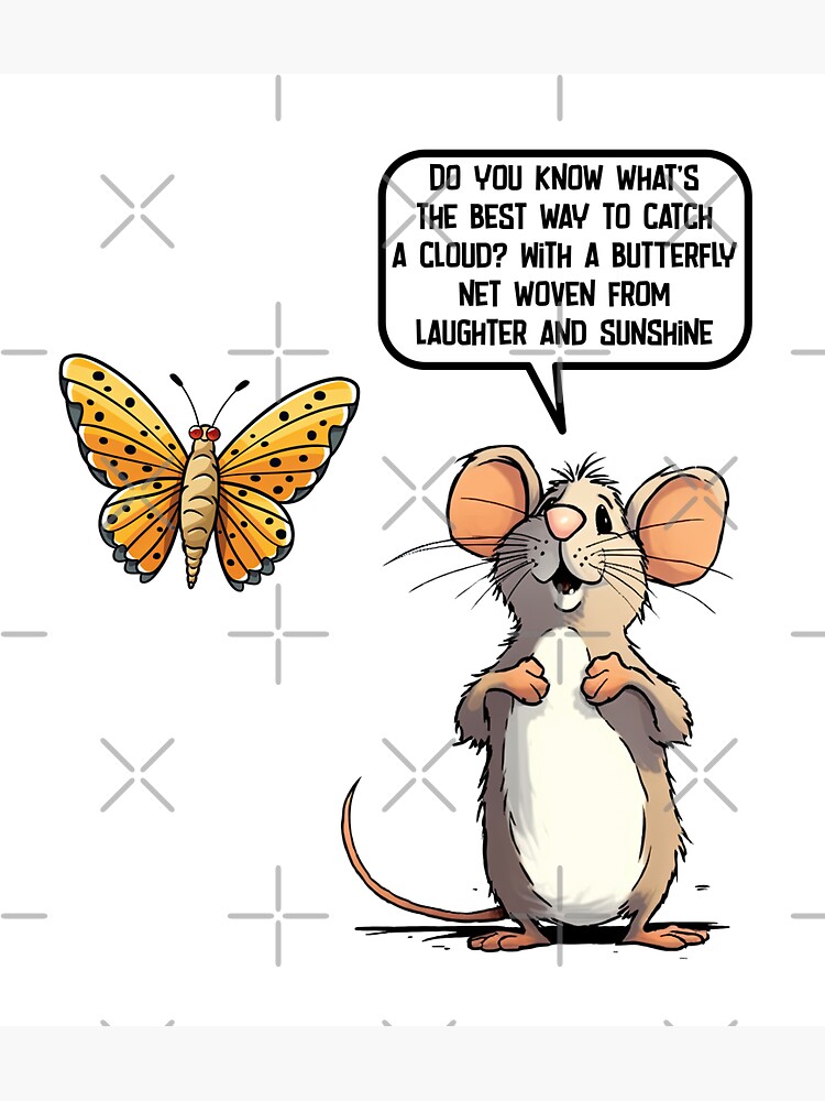 A whimsical cartoon mouse speaks to a butterfly about catching