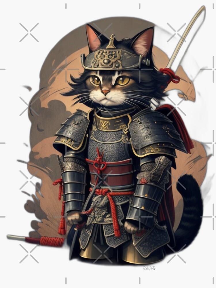Sticker for Sale mit Kopie der Katze in Rüstung, Samurai-Katze