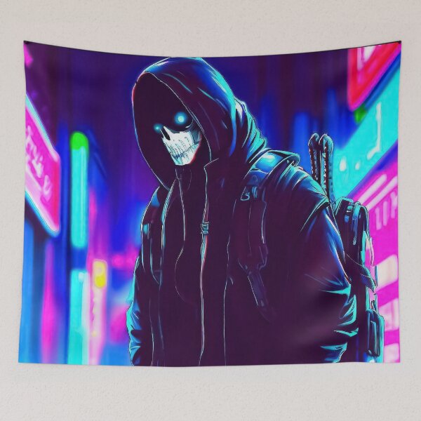 Item preview, Spooky skull face in hood with backpack in neon city designed and sold by TomFrontierArt.