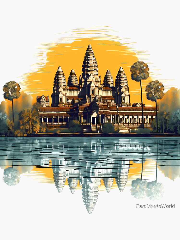 Thumbnail 3 of 3, Sticker, Art Nouveau Angkor Wat - A Stylized Homage designed and sold by FamMeetsWorld.