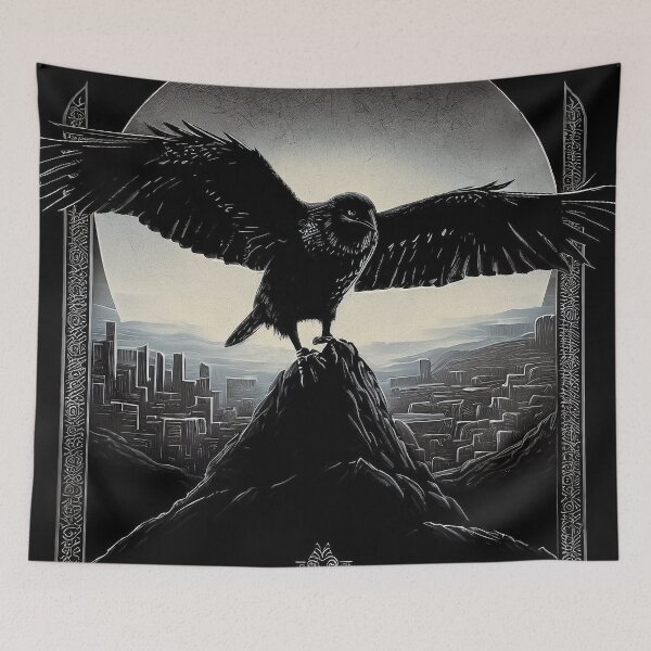 Item preview, Raven on the against the backdrop of the dark fantasy mystical city and silver moon designed and sold by TomFrontierArt.