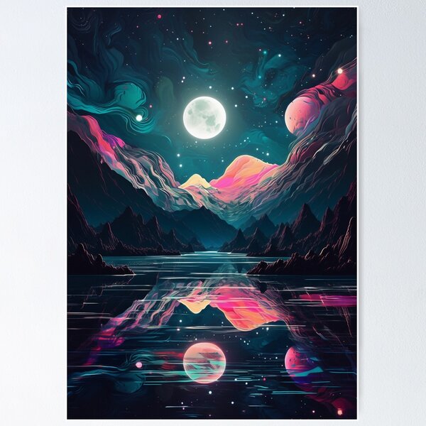 Item preview, Night Lake Reflection: Psychedelic Mountain Landscape with Full Moon designed and sold by OdysseyArtworks.