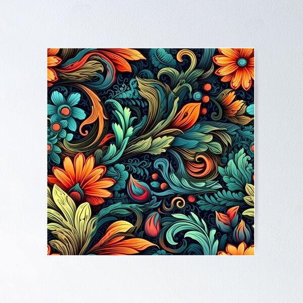 Item preview, Decoración floral, tonos vivos sobre fondo negro designed and sold by the99thstudio.