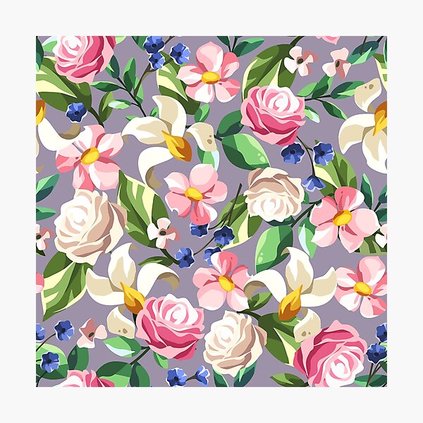 Artikelvorschau, Blumenmuster mit bunten Blumen auf Lila entworfen und verkauft von Naddya.