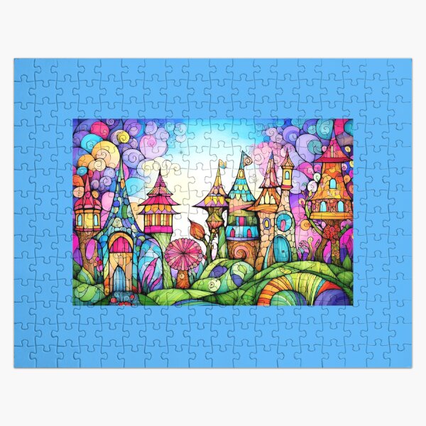 Geometric image of fairy village in springtime Jigsaw Puzzle