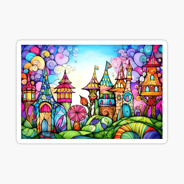 Geometric image of fairy village in springtime Sticker