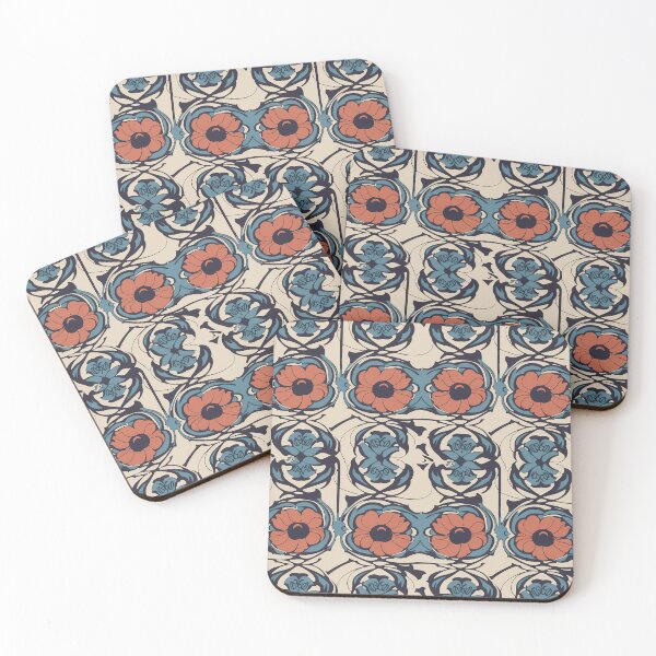 Item preview, Patrón floral estilizado Art Nouveau azul naranja designed and sold by Sturdust.
