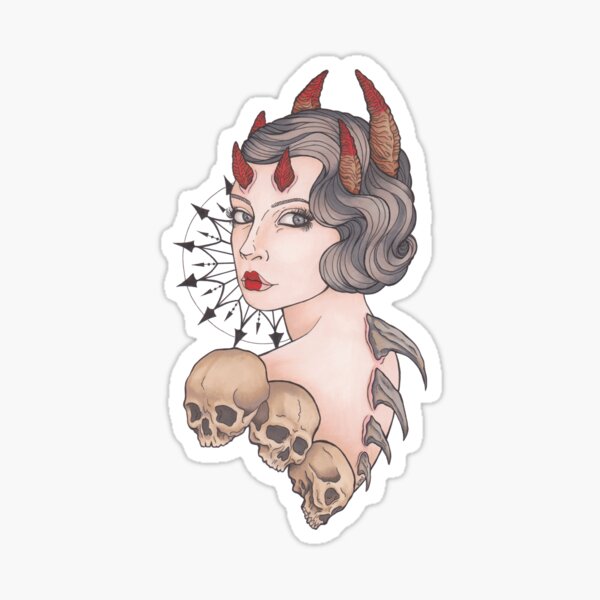 Mujer Demonio, cráneos. Pegatina