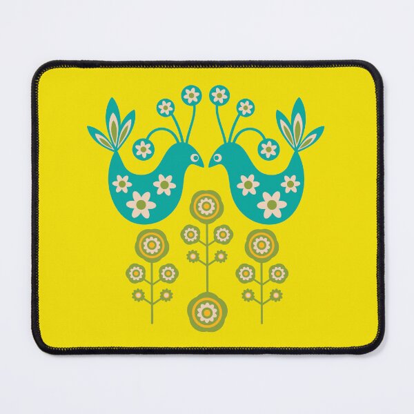 Item preview, LOVE BIRDS Folk Art Mid-Century Modern Scandi Floral SINGLE GRAPHIC With Birds Flowers Feathers in Turquoise Cream Green on Yellow - UnBlink Studio by Jackie Tahara designed and sold by Jackie Tahara of UnBlink Studio.