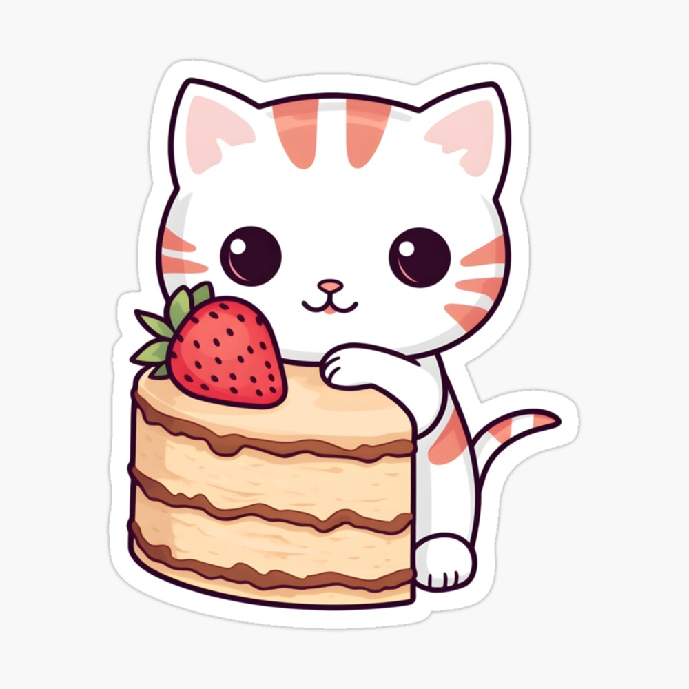 絵画。壁掛け原画【Cute cat cake】0 1 Kawaii Cat Eating a Slice of Strawberry Cake 