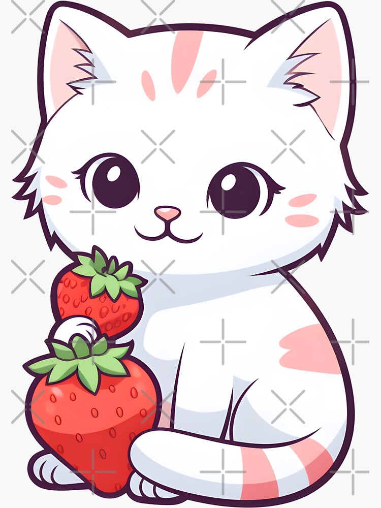 Kawaii Cat Eating a Slice of Strawberry Cake  Sticker for Sale by  Sereneluna