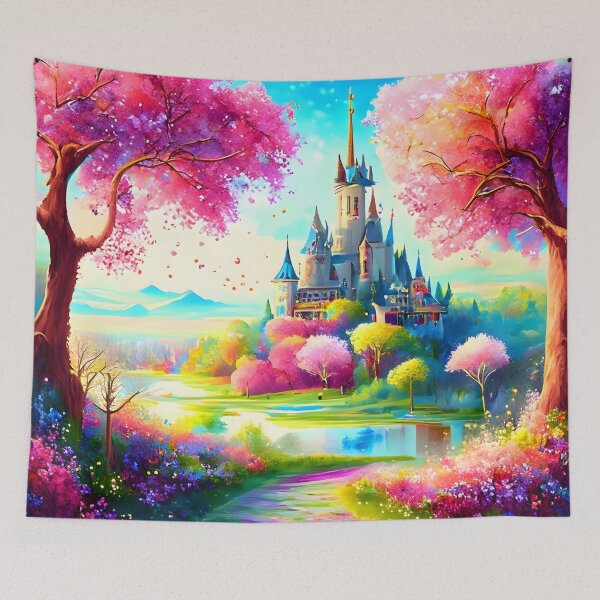 Item preview, Fairytale Spring: Watercolor Castle, Blooming Pink Trees and Enchanting Mood designed and sold by byaz3.