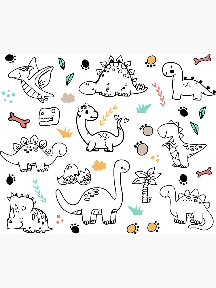 seamless pattern with dino, collection of cute hand drawn