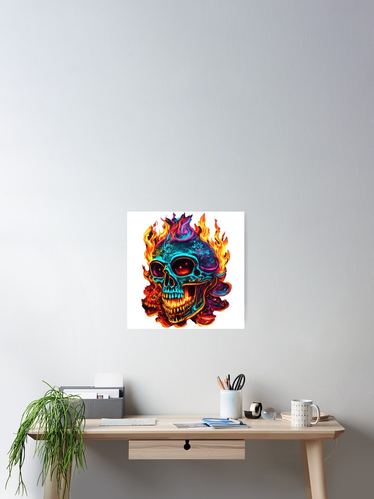 Funky skull with colorful fire frame.