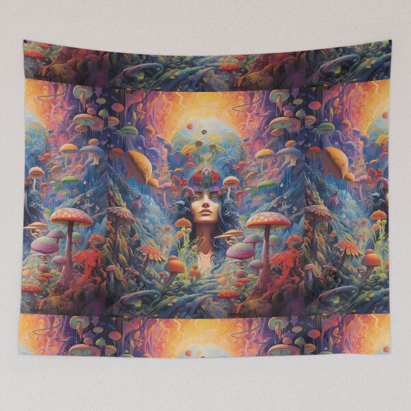 Aperçu de l'œuvre Tapisserie psychédélique Cosmic Dreamscape - Art mural Boho vibrant créée et vendue par TileTango.