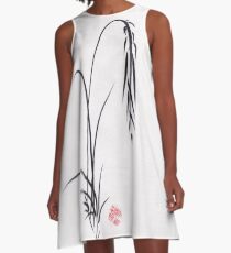 "Still Moments" Sumi-e ink brush painting by Rebecca Rees A-Line Dress