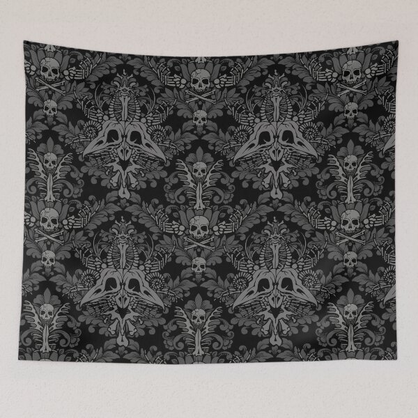 Item preview, Dark victorian gothic damask bones pattern made out of skulls and bones in teal and black designed and sold by RedFinchDesigns.