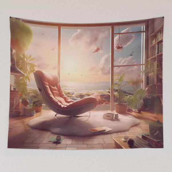Item preview, Empty interior anime, manga style. Colorful study lo-fi desk. Cozy chill vibe. Autumn, fall with orange colored trees. Rainy days designed and sold by MeatLuvers.