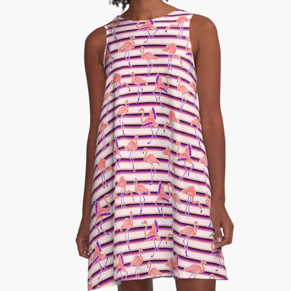 Retro Striped Old School Flamingos Pattern stripes A-Line Dress