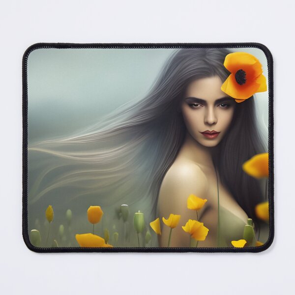 Item preview, Beautiful woman long hair with yellow color poppies in fields designed and sold by simaso.