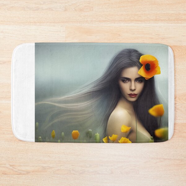 Item preview, Beautiful woman long hair with yellow color poppies in fields designed and sold by simaso.