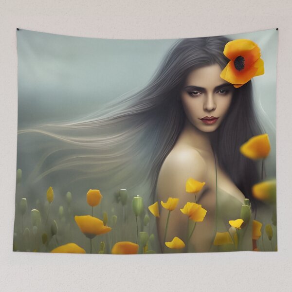 Item preview, Beautiful woman long hair with yellow color poppies in fields designed and sold by simaso.