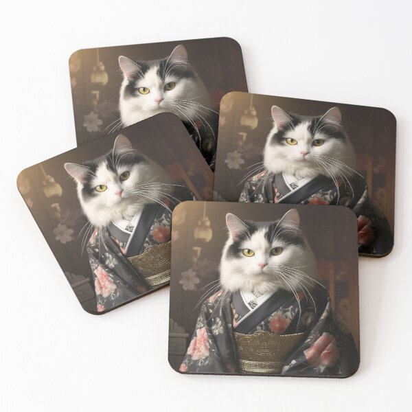 Item preview, Portrait of a Black and White Cat Wearing a Kimono designed and sold by QubeCrafts.