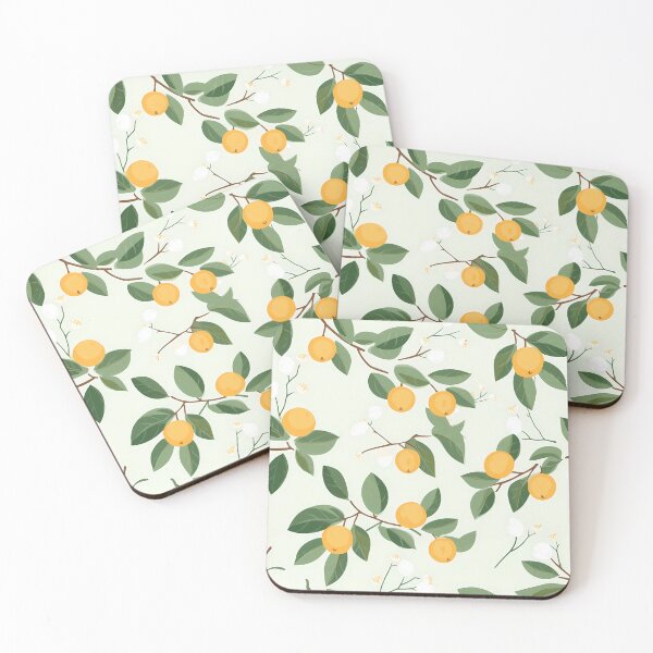 Item preview, Fruit Tree Pattern 2, minimalist oranges and blossoms on thin branches suspended, lush green leaves, yellow, mint, white, stylized nature. designed and sold by FoxRobinRabbit.