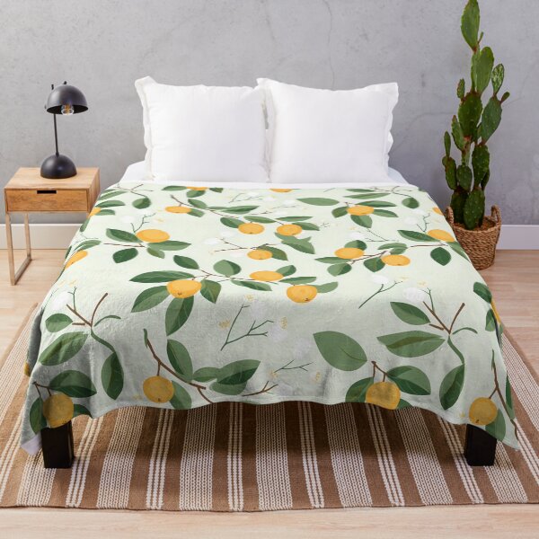 Item preview, Fruit Tree Pattern 2, minimalist oranges and blossoms on thin branches suspended, lush green leaves, yellow, mint, white, stylized nature. designed and sold by FoxRobinRabbit.
