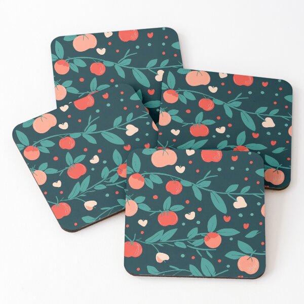 Item preview, Fruit Tree Pattern 3, minimalist red apples like tomatoes on green branches, lush green leaves, pale pink butterflies, dark navy, cute stylized nature. designed and sold by FoxRobinRabbit.