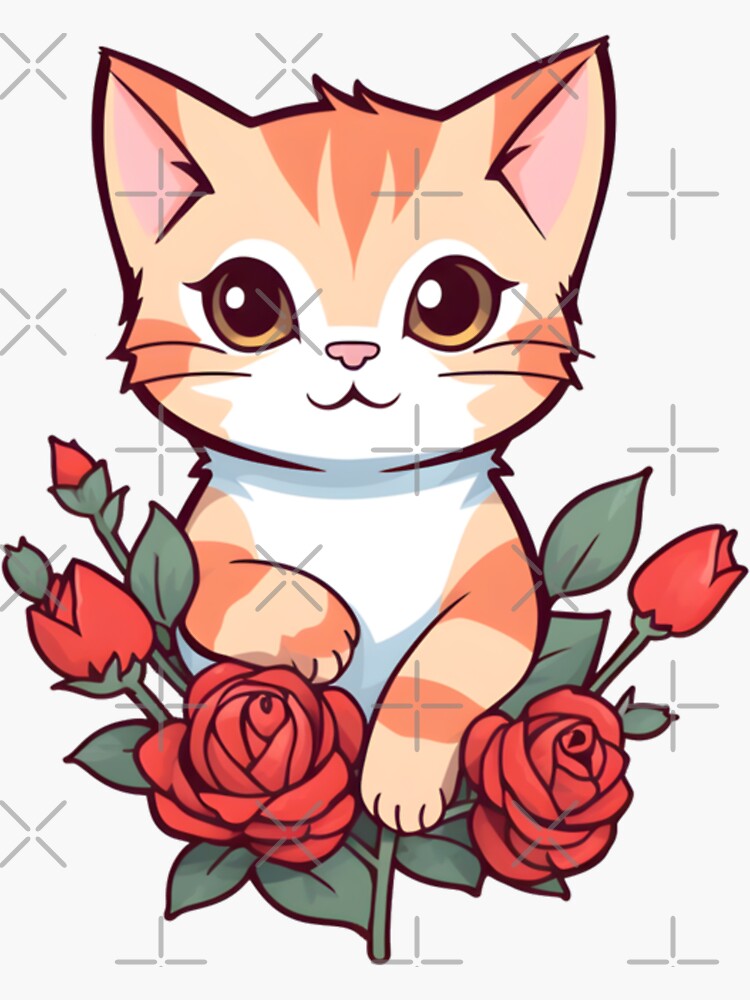 kawaii happy Valentine white kitten cat in mug with rose flowers