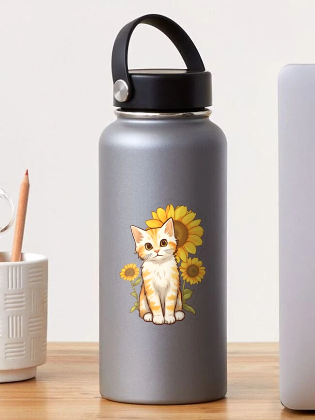 Personalized Water Bottle, Cat Lovers, Cute Sunflower Kitty Bottle