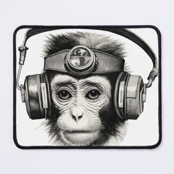 Item preview, Baby Monkey with Headphones, Black and White Hand drawn designed and sold by mdounis.