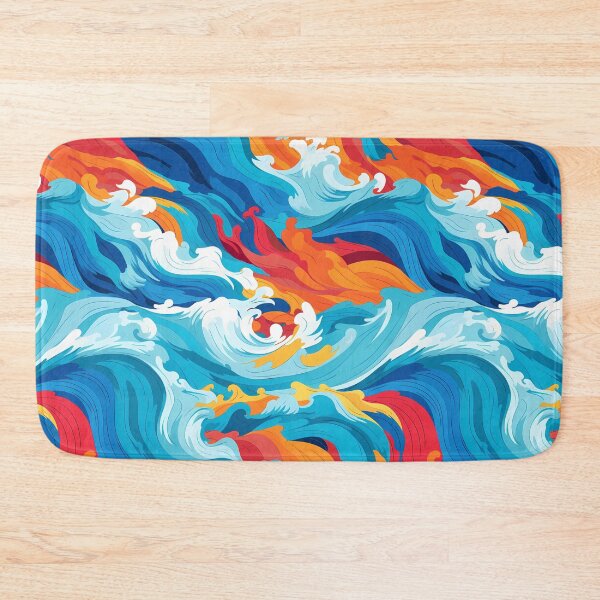 Item preview, Water Pattern 7, vibrant colorful painting of waves on fire, rough seas, mixed in flames, splashing, storm coming, blue, red, white, yellow, ocean and nature. designed and sold by FoxRobinRabbit.