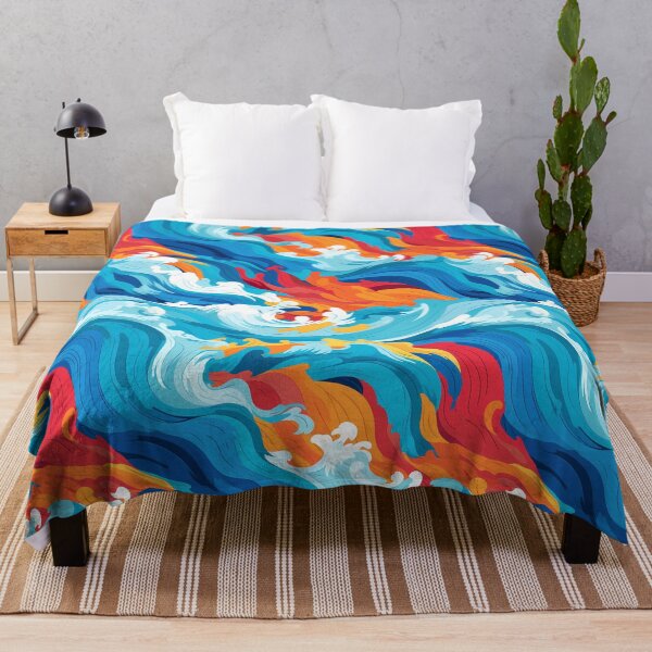 Item preview, Water Pattern 7, vibrant colorful painting of waves on fire, rough seas, mixed in flames, splashing, storm coming, blue, red, white, yellow, ocean and nature. designed and sold by FoxRobinRabbit.