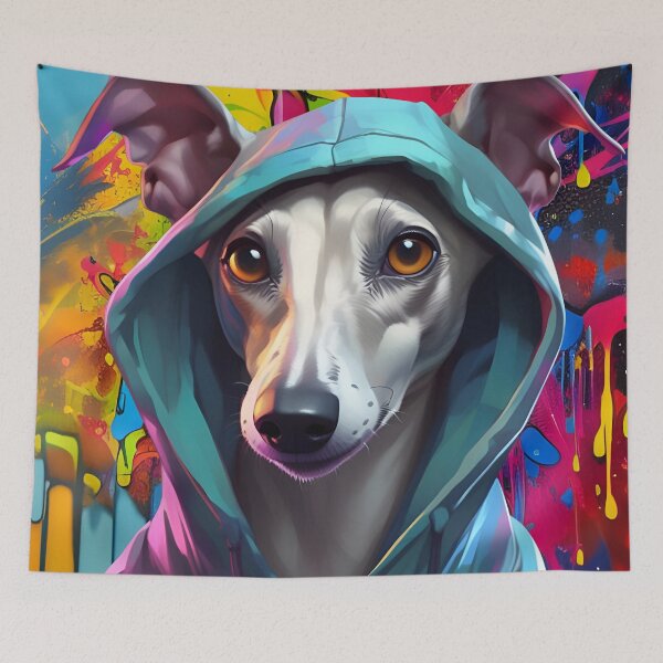 Item preview, Whippet in a Hoodie Graffiti Artist Portrait designed and sold by Ameiva-Apparel.