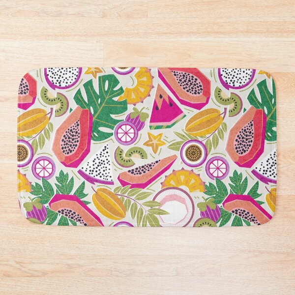 Item preview, Geo summer tropical fruits // beige background multicoloured geometric papaya star fruit passion fruit dragon fruit kiwi coconut pineapple mangosteen designed and sold by SelmaCardoso.